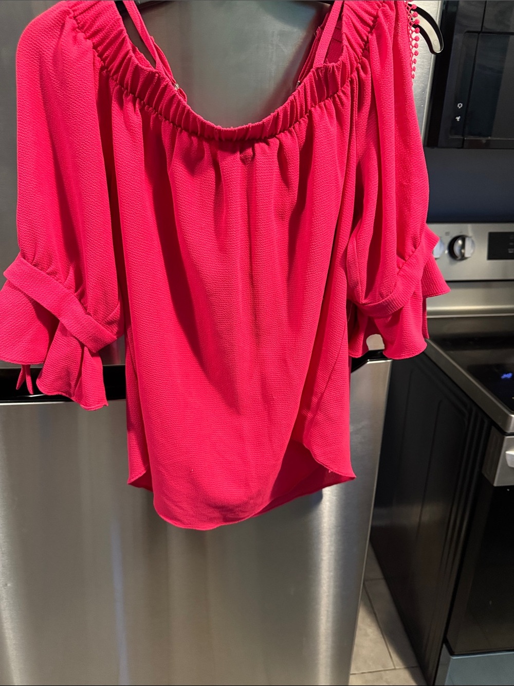 BCX Off-Shoulder Flutter Sleeve Blouse in Bright Pink